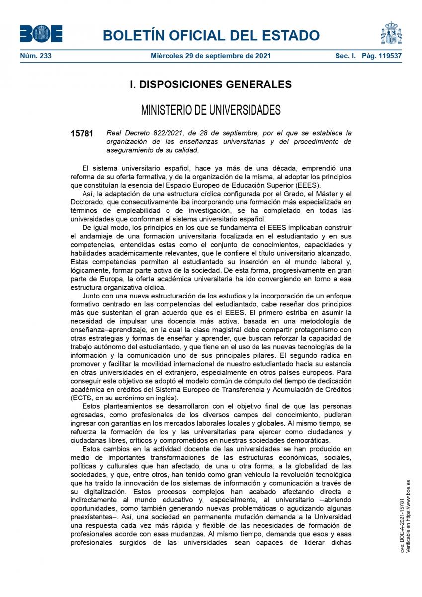 Real Decreto 1393/2007 de 29 de octubre, por el que se establece la ordenación de las enseñanzas universitarias oficiales